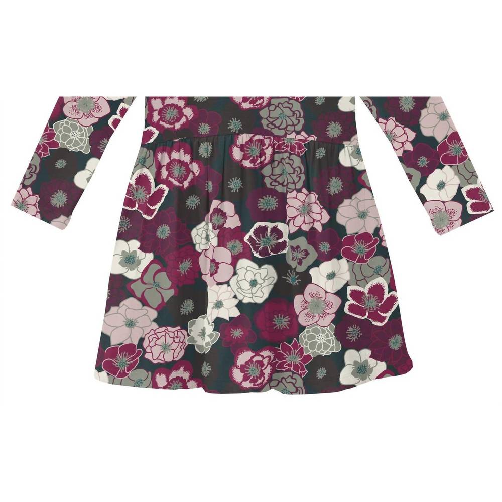 NEW KICKEE girls' bamboo print long sleeve twirl dress in hellebores